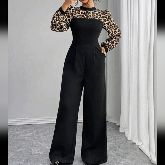 Women's High-Waist Leopard Patchwork Wide Leg Jumpsuit, High-End Elegant Lady - Picture 1 of 4